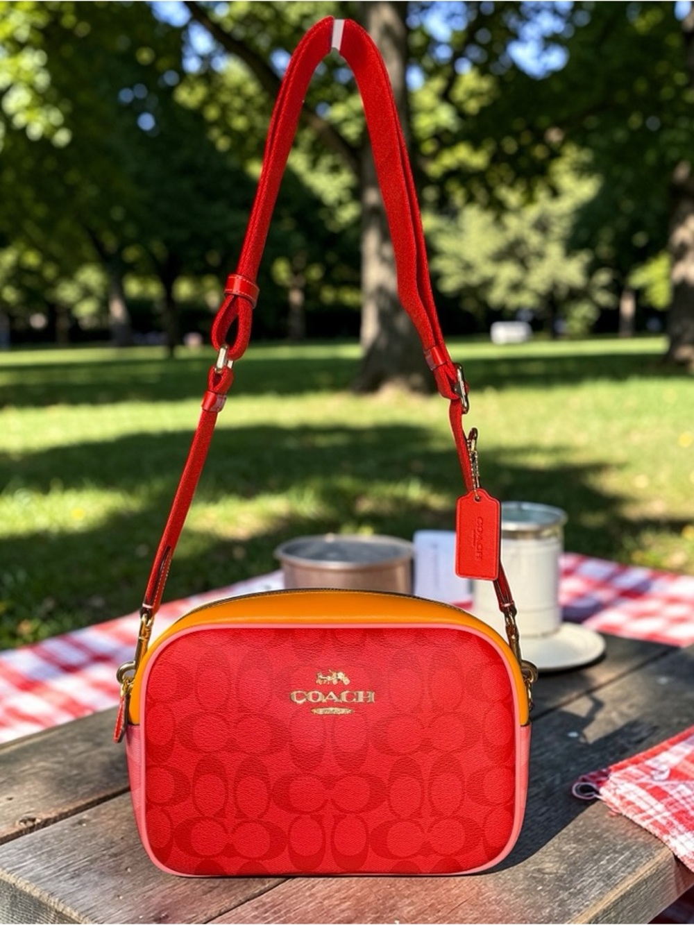 Coach Jamie Colorblock Signature Camera Crossbody Red Pink Orange Gold Hardware - Picture 2 of 12